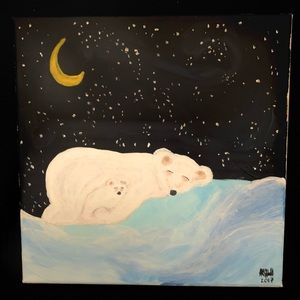 Original Art Polar Bear&Cub Snowy Night Painting